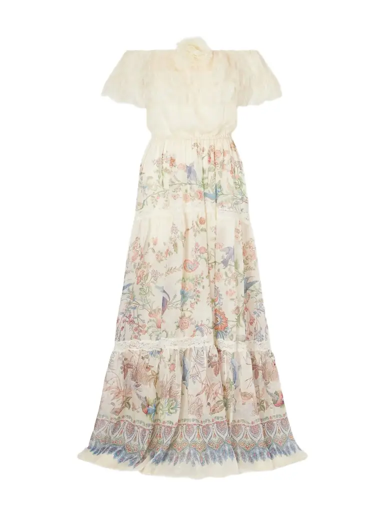 Etro Off-the-shoulder Lace-trimmed Floral-print Silk-chiffon Maxi Dress
