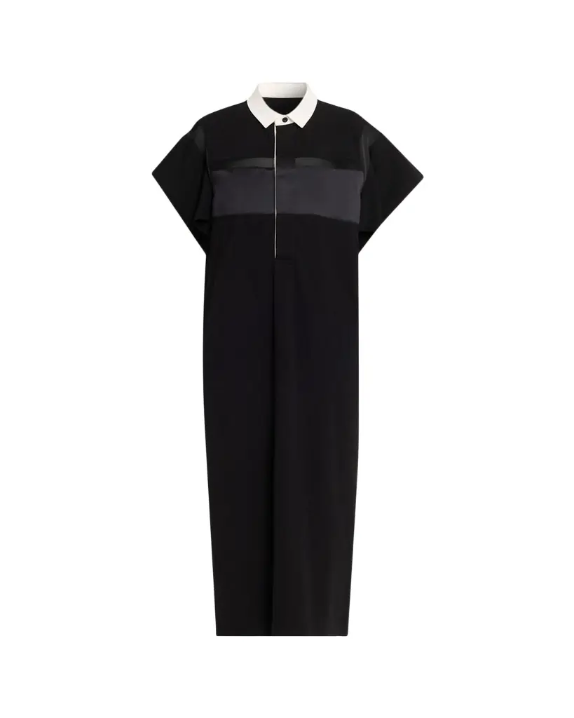 SACAI Satin-Inset Cotton Jersey Short-Sleeve Maxi Polo Dress