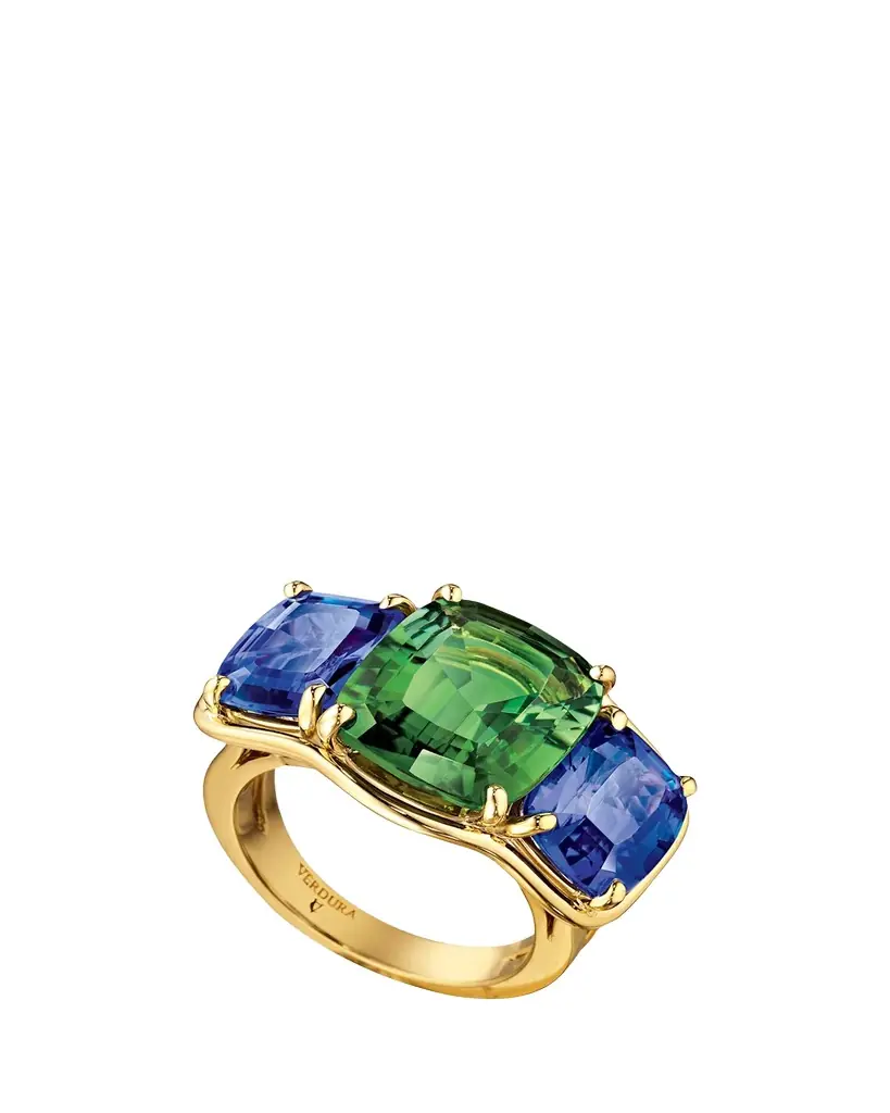 Verdura 18K Yellow Gold Tanzanite and Green Tourmaline 3-Stone Ring