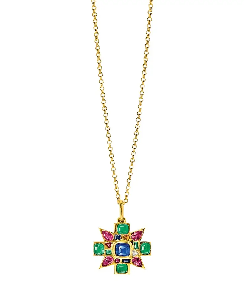 Verdura 18K Yellow Gold Sapphire and Emerald Mini Byzantine Pendant Necklace