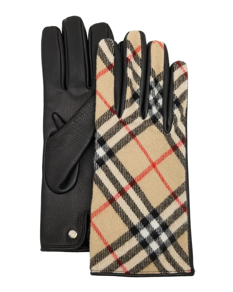 Burberry Men 's Check Wool and Cashmere Gloves with Leather
