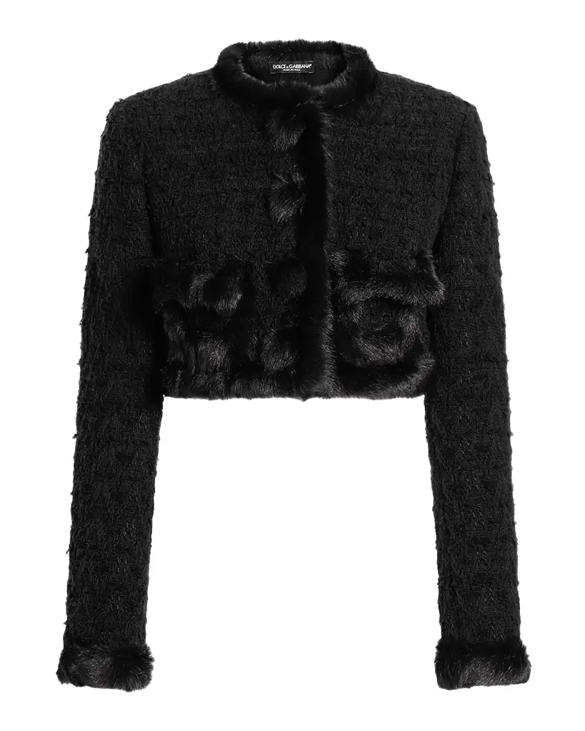 Dolce & Gabbana Faux Fur Trim Tweed Crop Jacket