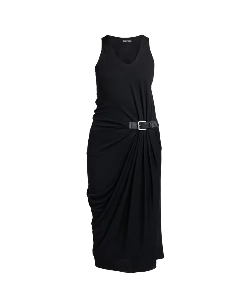 TOM FORD Buckle Gathered Crepe Jersey Sleeveless Midi Dress