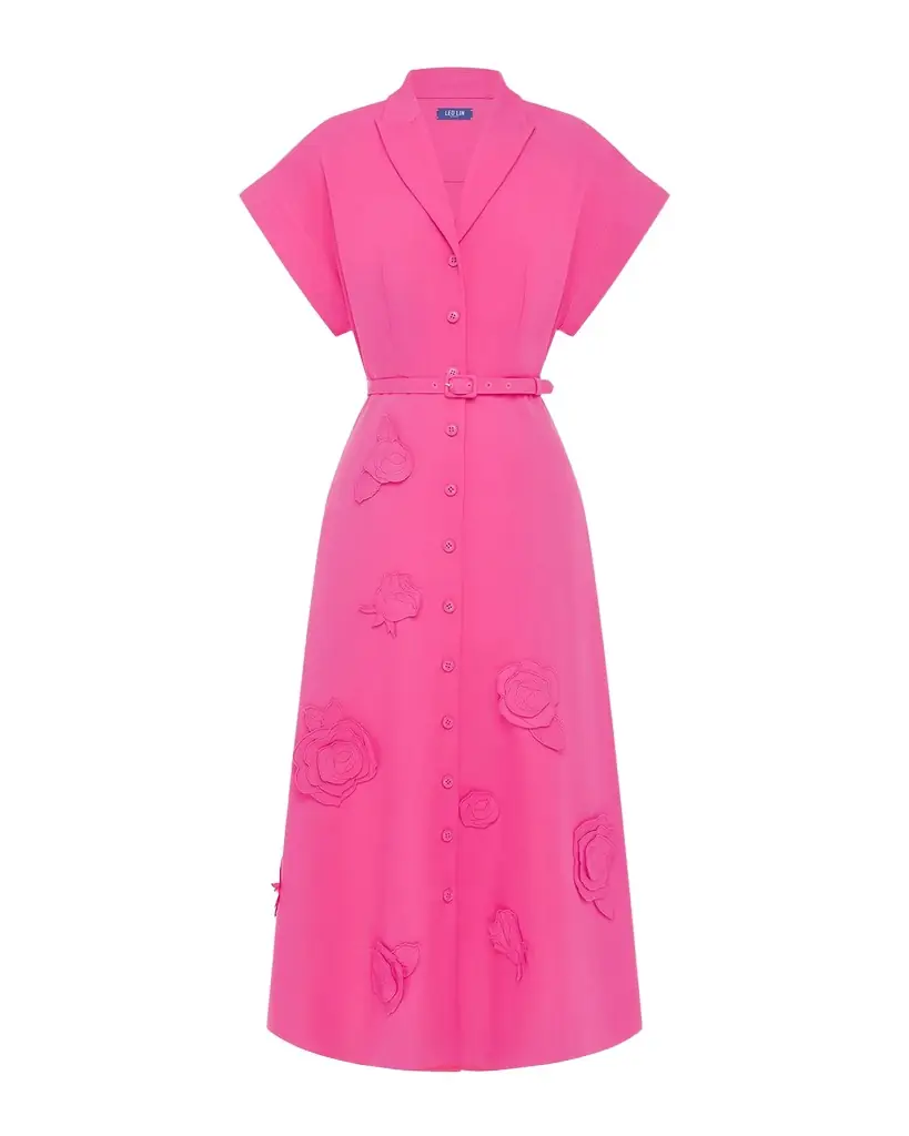 LEO LIN Aubrey Belted Floral Applique Midi Dress
