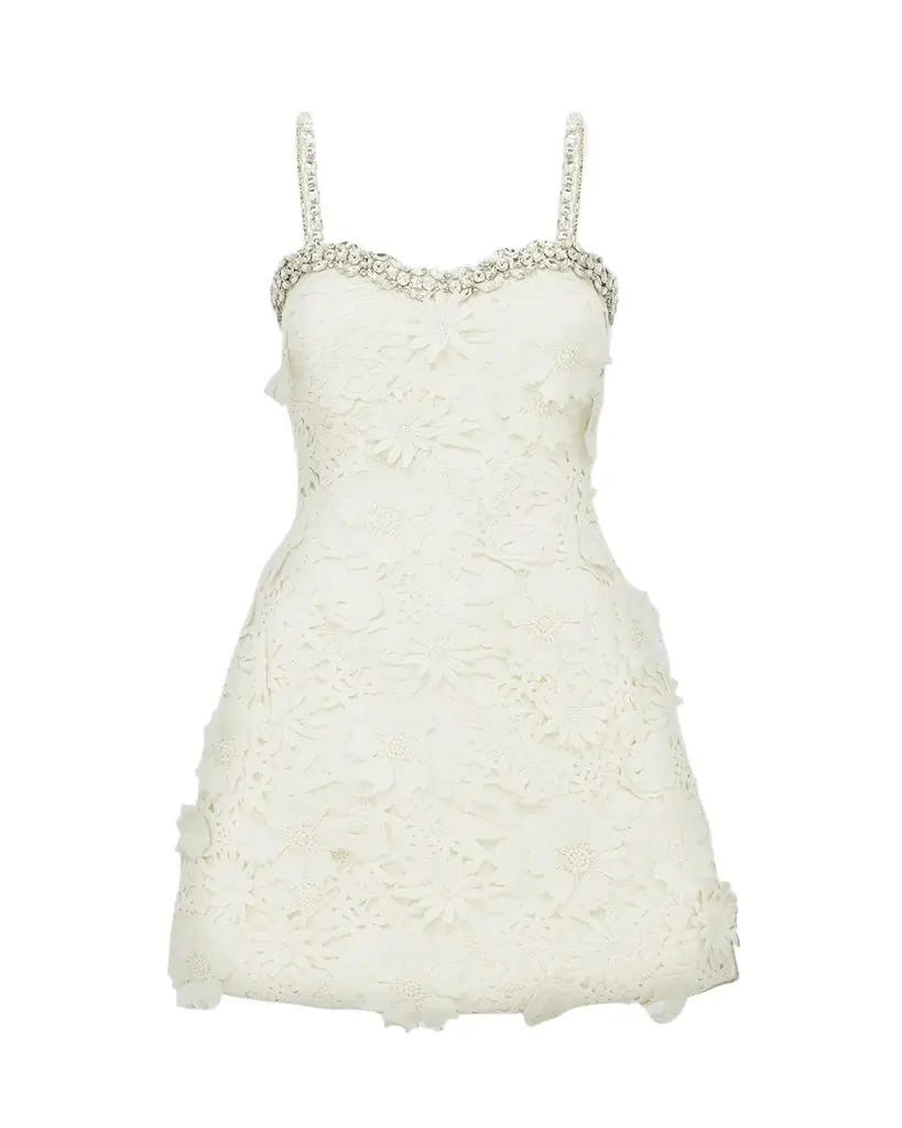 LEO LIN Crystal-Trim Floral Lace Mini Dress
