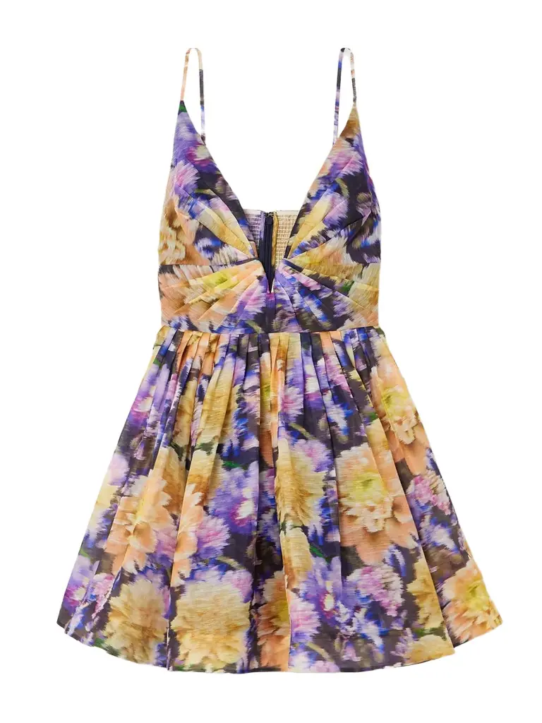 Zimmermann Luna Gathered Floral-print Linen And Silk-blend Mini Dress