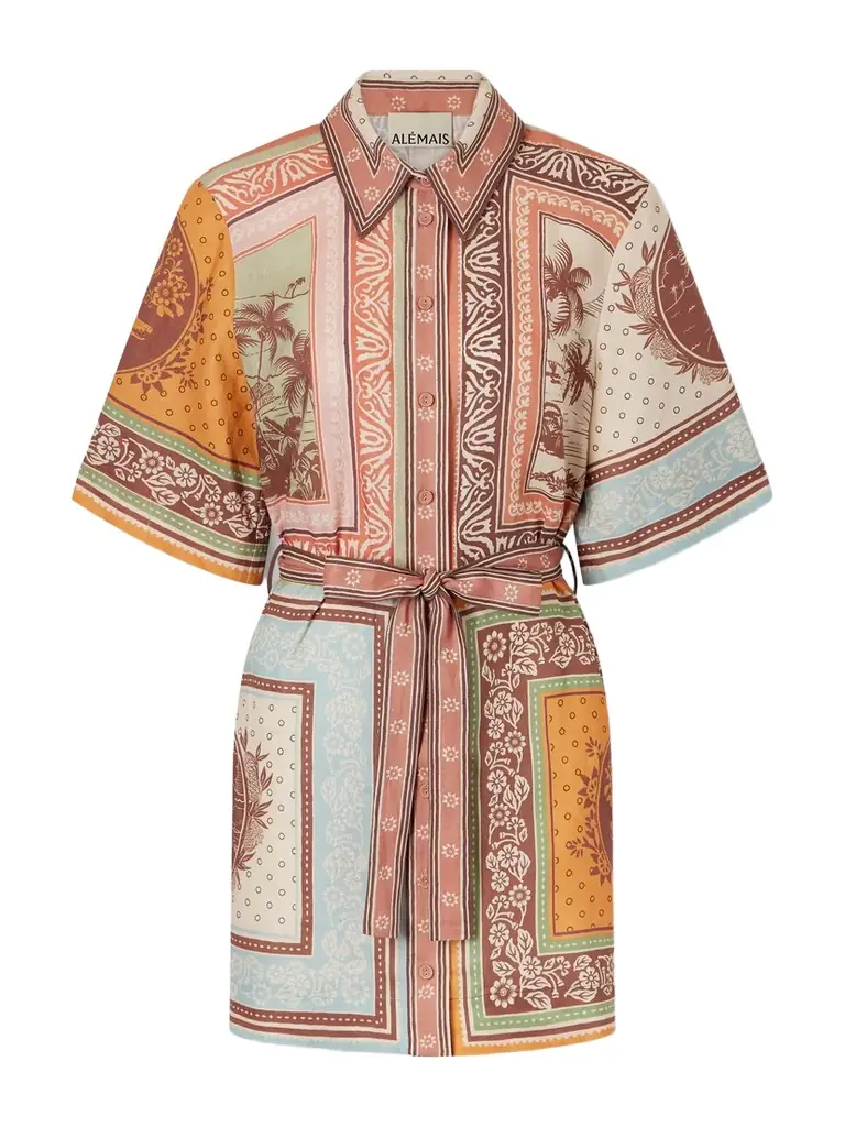 ALÉMAIS Alberta Belted Printed Linen Mini Shirt Dress