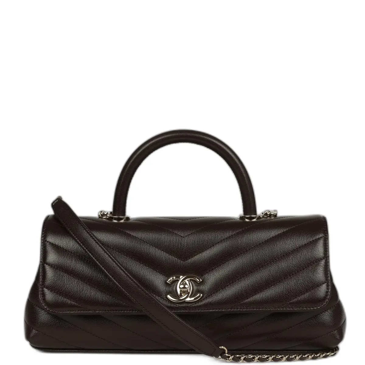Chanel Chanel Maxi Top Handle Long Chevron Flap Bag Dark Brown Shiny Caviar Goatskin Light Gold Hardware