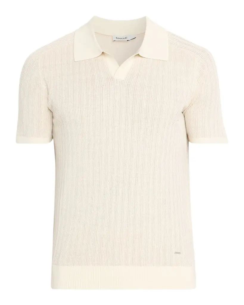SIMKHAI Men 's Radcliff Cotton and Linen Knit Johnny Collar Polo Shirt