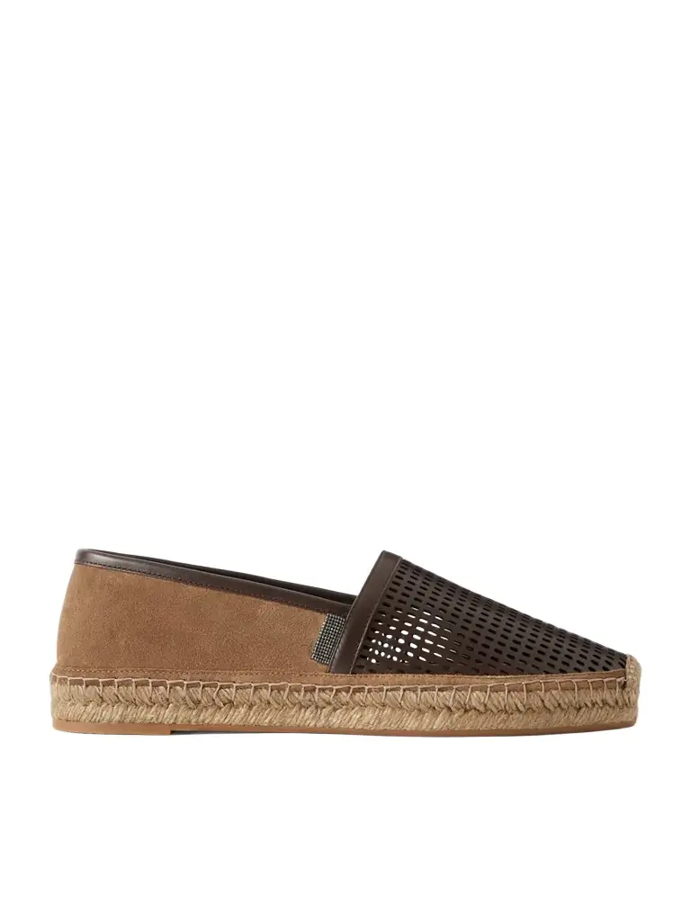 Brunello Cucinelli Bead-embellished Suede And Laser-cut Leather Espadrilles