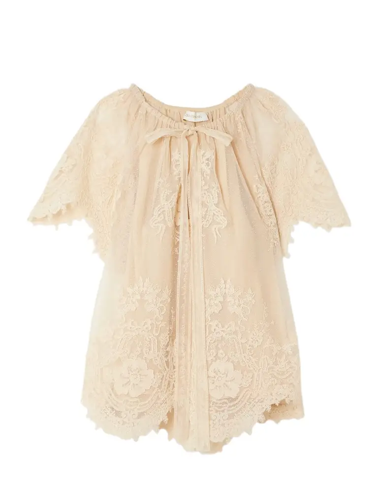 Luna Scalloped Gathered Lace And Point D'esprit Blouse