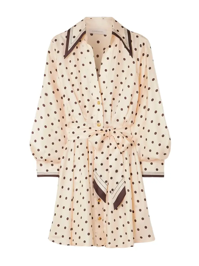 Zimmermann Belted Polka-dot Silk-satin Mini Shirt Dress