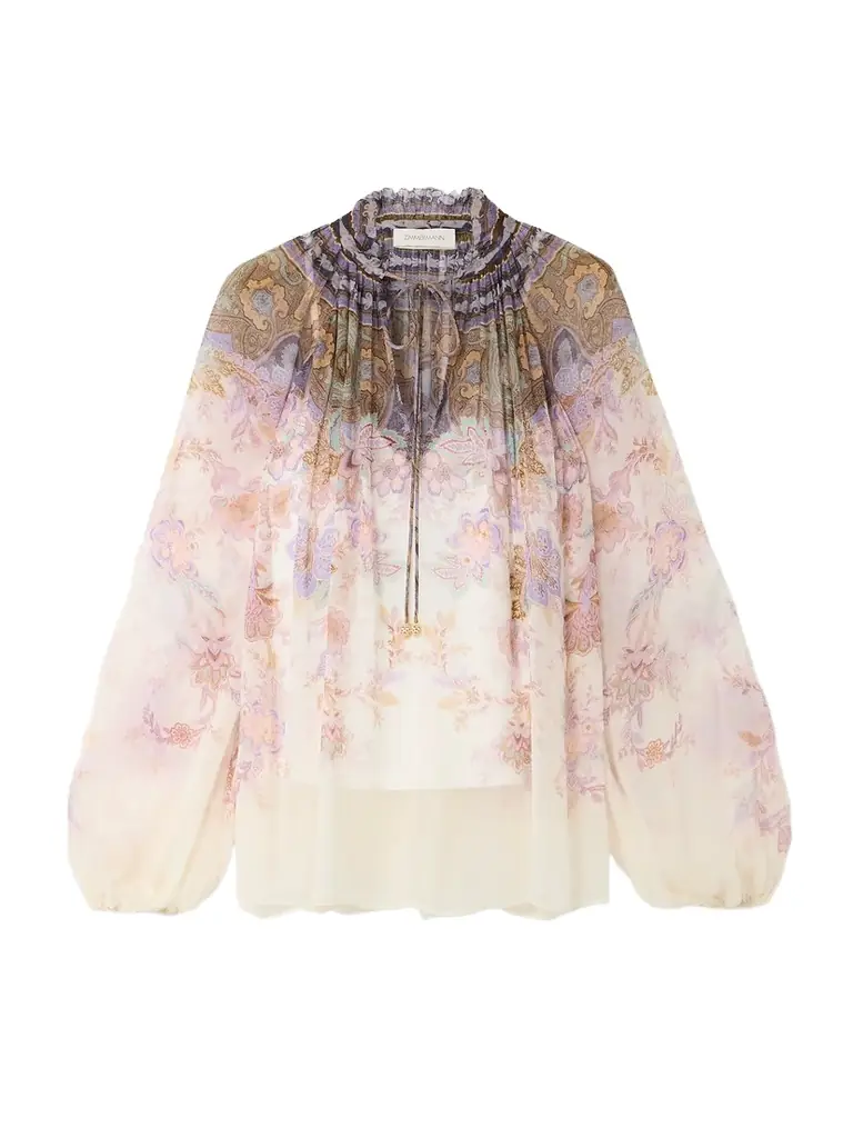 Zimmermann Ruched Printed Chiffon Blouse