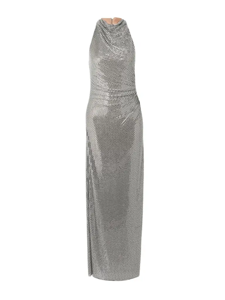 Self-Portrait Embellished Draped Mesh Halterneck Maxi Dress
