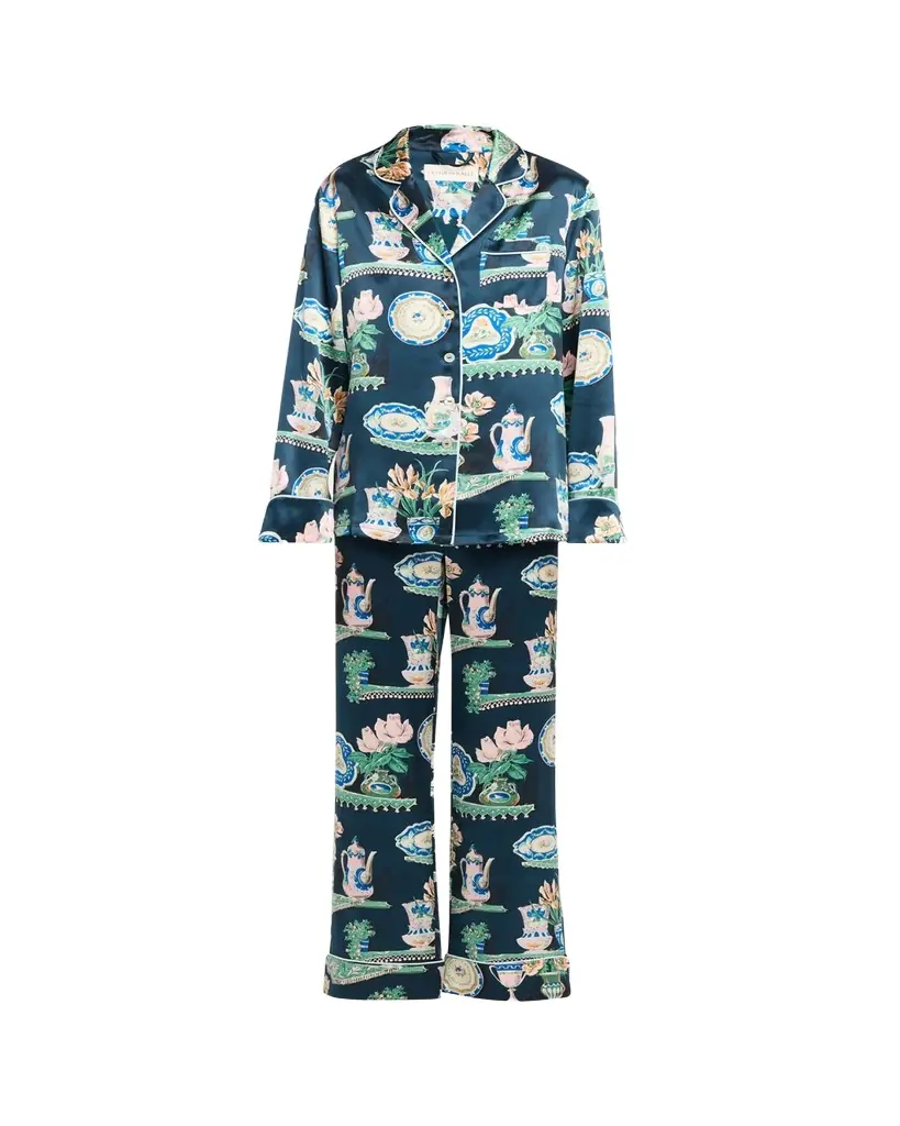 Olivia von Halle Lila Giotto Ceramic-Print Silk Pajama Set