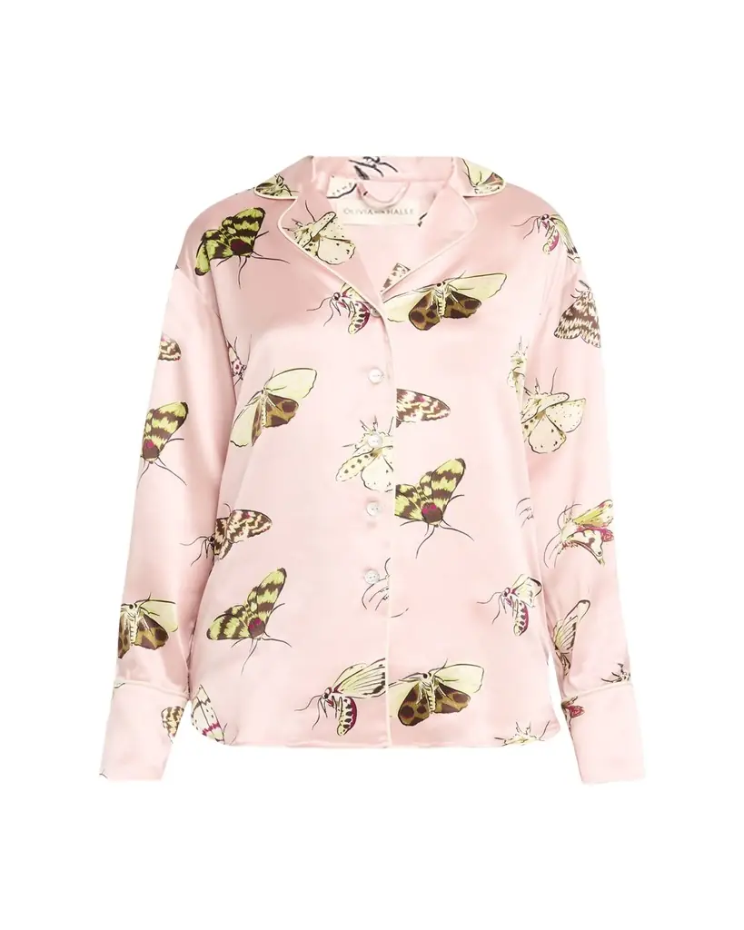 Olivia von Halle Alba Moth-Print Silk Satin Short Pajama Set