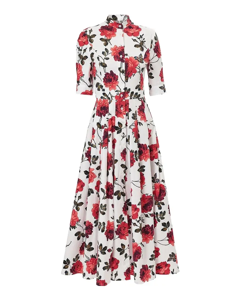 Carolina Herrera Carnation-Print Short-Sleeve Pleated Midi Shirtdress