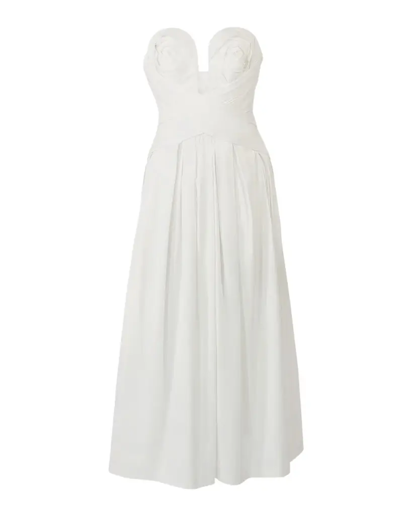 Carolina Herrera Plunging Strapless Rosette Draped Tea-Length Dress