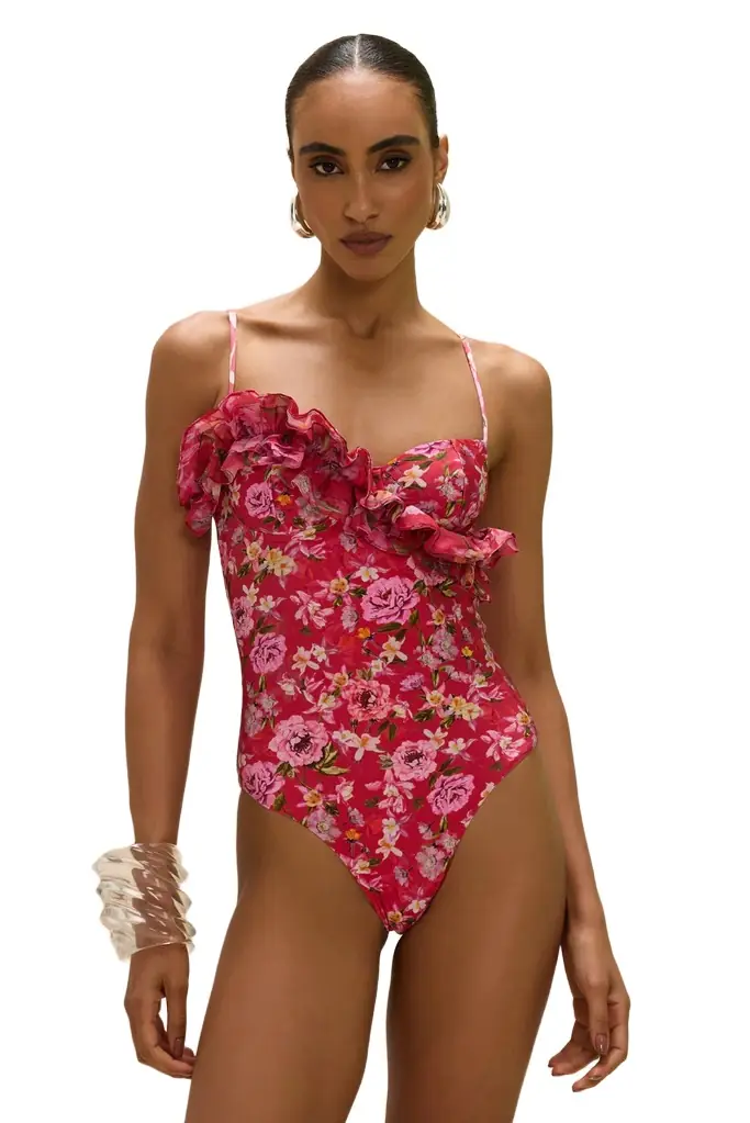 PatBo PEONY PRINT LYCRA RUFFLE BODYSUIT