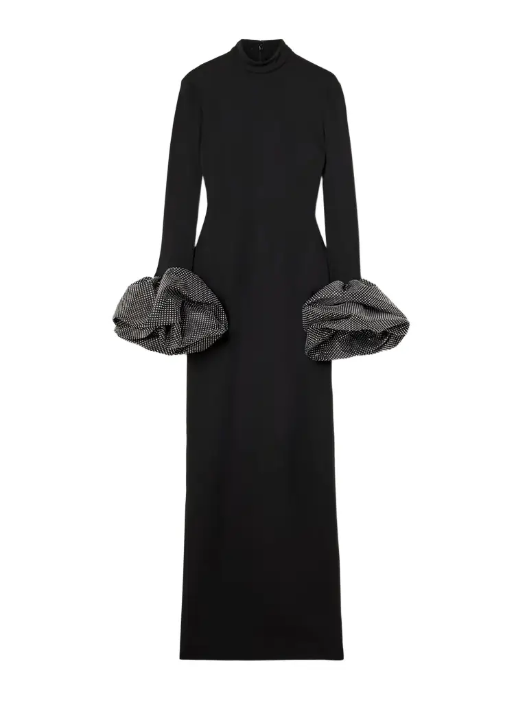 Solace London Viviana Ruffled Crystal-embellished Crepe Mock-neck Gown