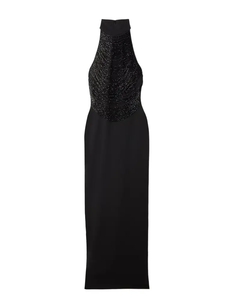 Solace London Portia Bead-embellished Stretch-crepe Halterneck Gown