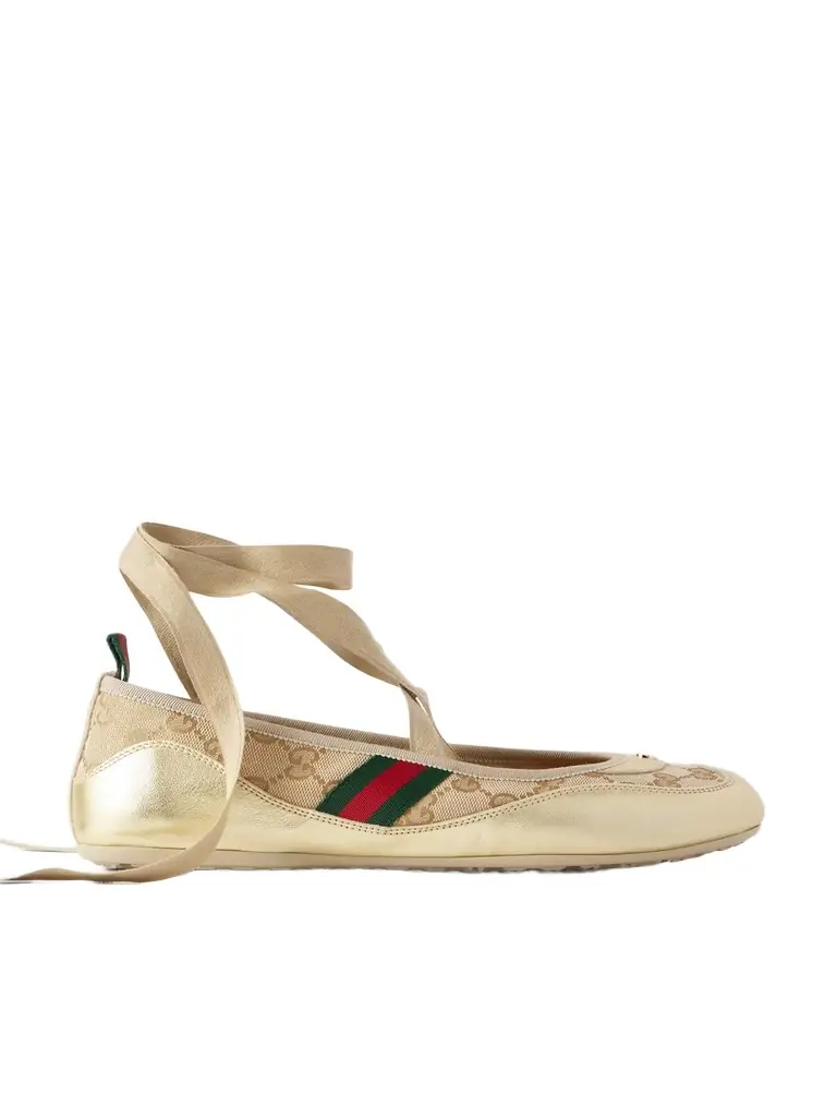 Gucci Shift Webbing-trimmed Canvas-jacquard And Metallic Leather Ballet Flats