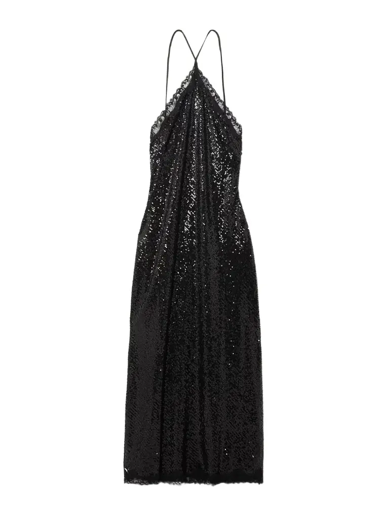 Rixo Harlan Lace-trimmed Sequined Tulle Halterneck Midi Dress