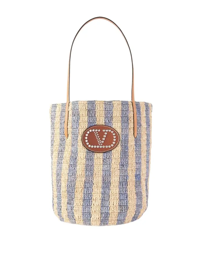 Vlogo Signature Small Embellished Leather-trimmed Striped Raffia Bucket Bag