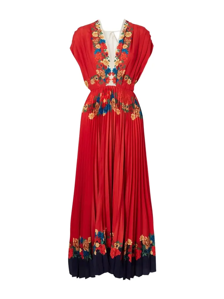 La DoubleJ Accordion Pleated Floral-print Crepe De Chine Maxi Dress