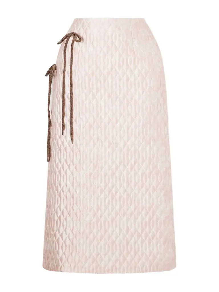 Simone Rocha Bow-detailed Chenille-trimmed Quilted Printed Satin Midi Skirt