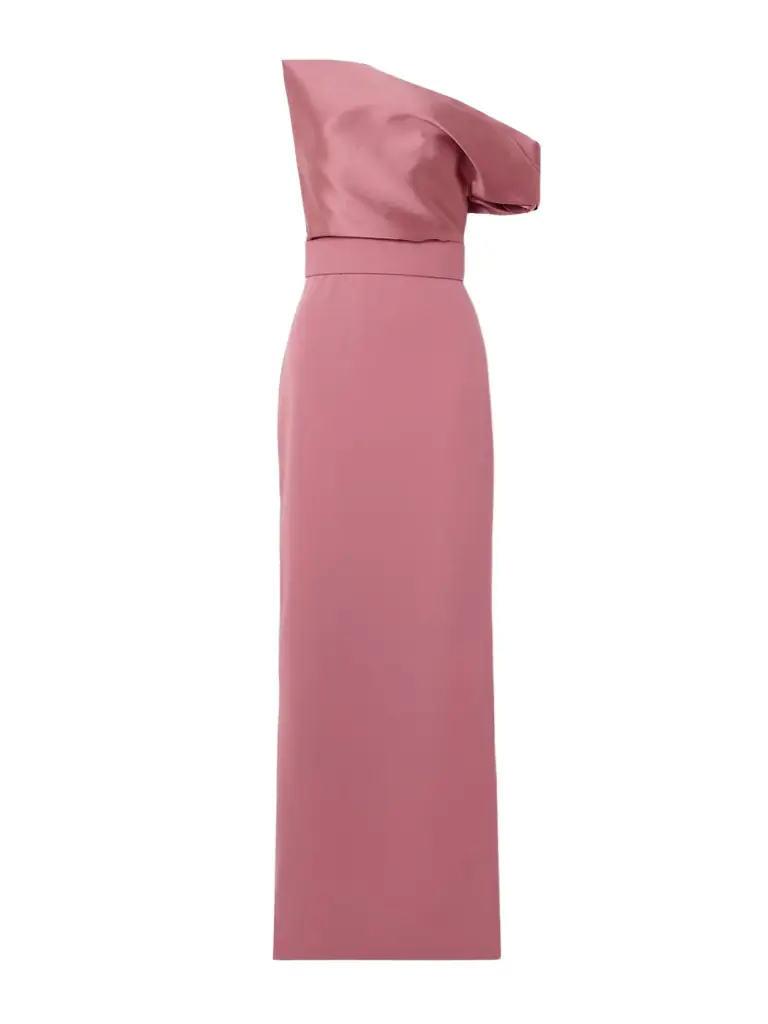 Solace London Magda Off-the-shoulder Belted Draped Faille And Crepe Gown
