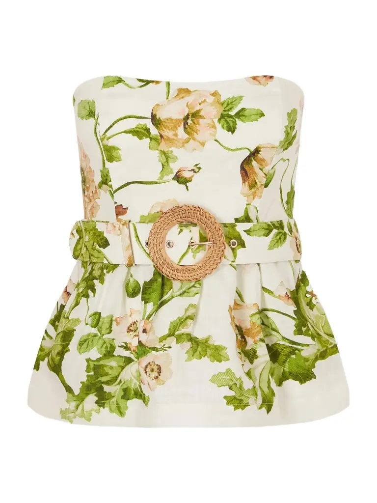 Cara Cara Tilda Strapless Belted Peplum Floral-print Linen Top