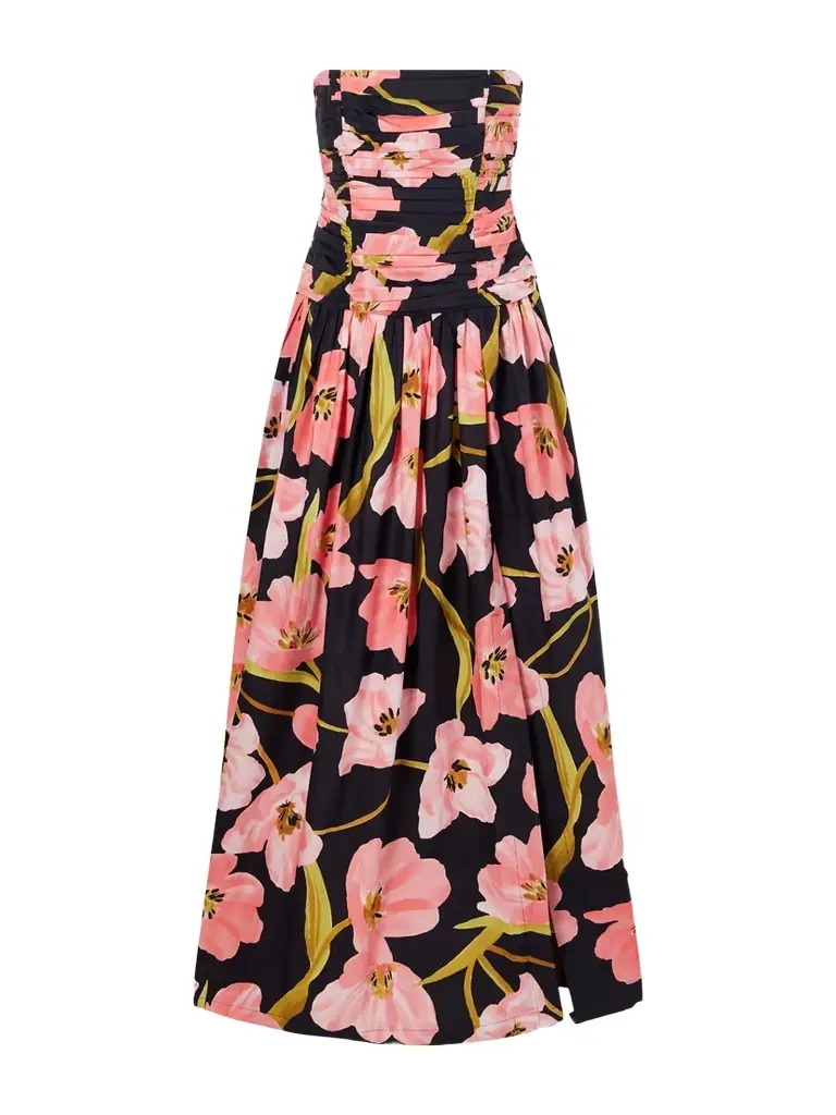 Cara Cara Montreal Strapless Pleated Floral-print Cotton-poplin Maxi Dress