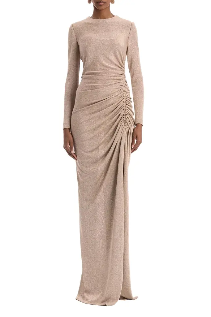Oscar de la Renta Long Sleeve Draped Metallic Gown