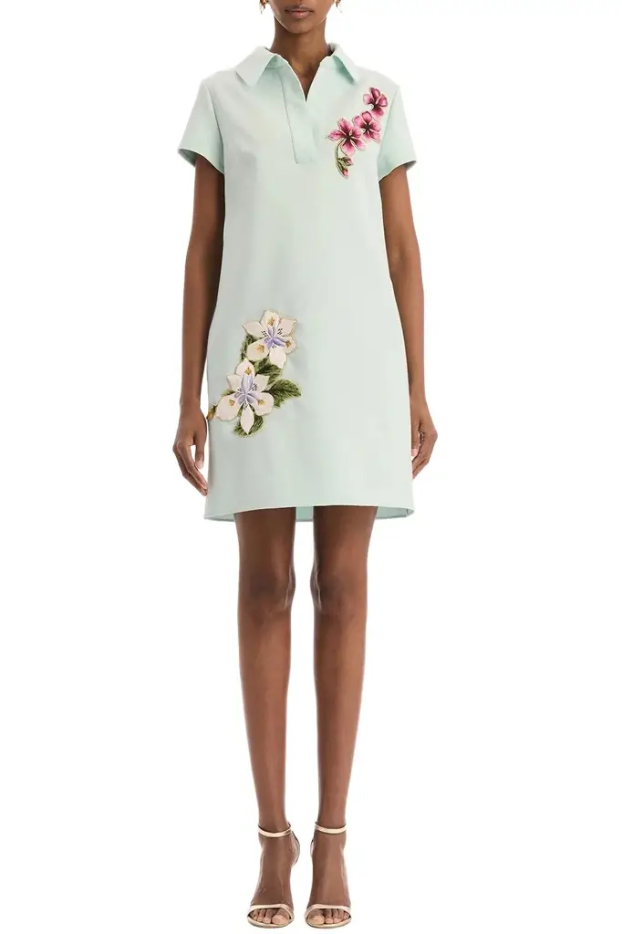 Oscar de la Renta Short Sleeve Embroidered Collared Day Dress