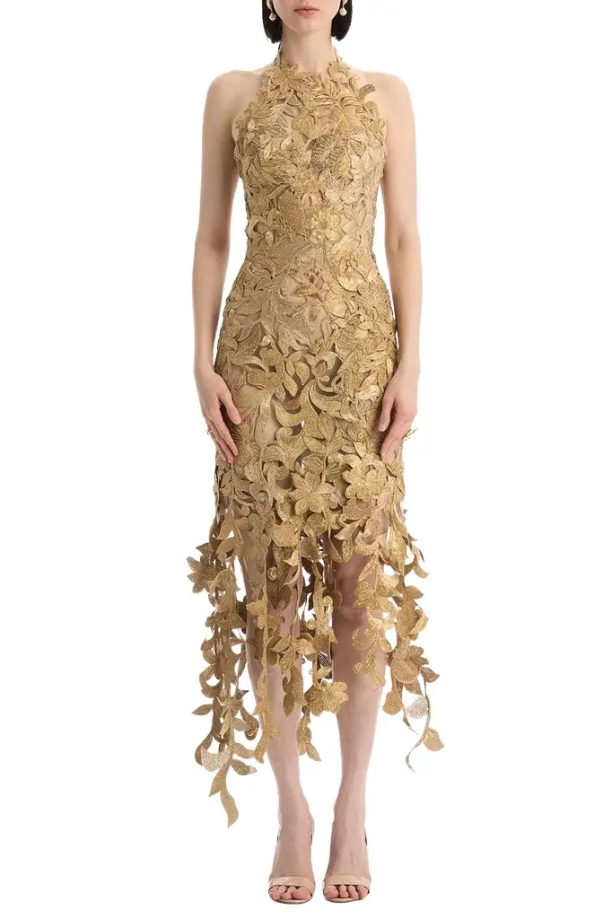 Oscar de la Renta Sleeveless Corded Florals Cocktail Dress