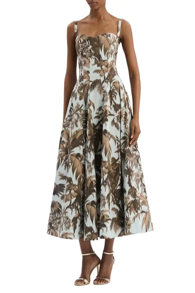Oscar de la Renta Sleeveless Large Chine Palm Leaves Day Dress