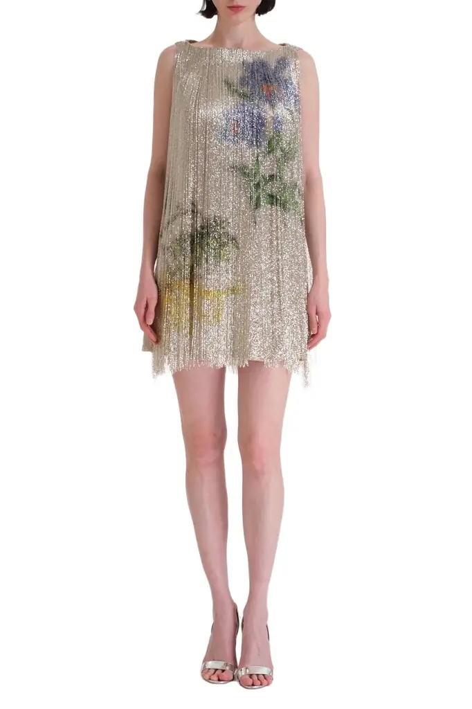 Oscar de la Renta Sleeveless Multi Color Fringe Cocktail Dress