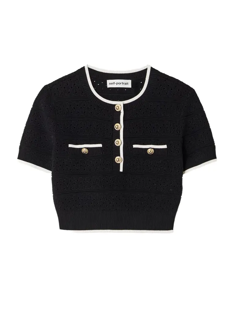 Self-Portrait Cropped Button-embellished Metallic Cotton-blend Pointelle-knit Top