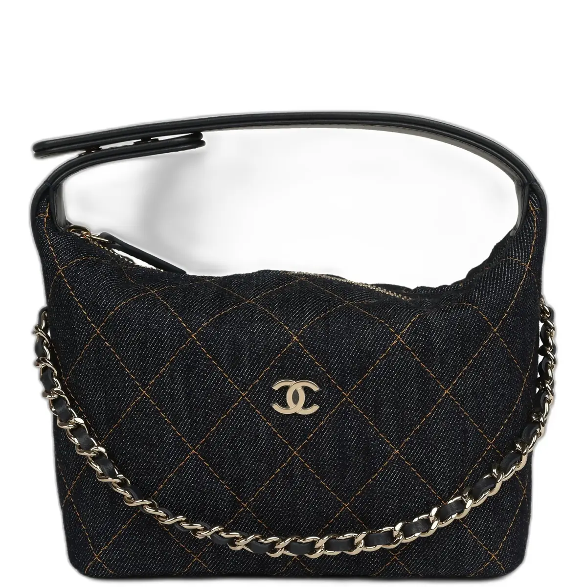 Chanel Chanel Mini Hobo Pouch with Chain Dark Blue Denim and Leather Light Gold Hardware