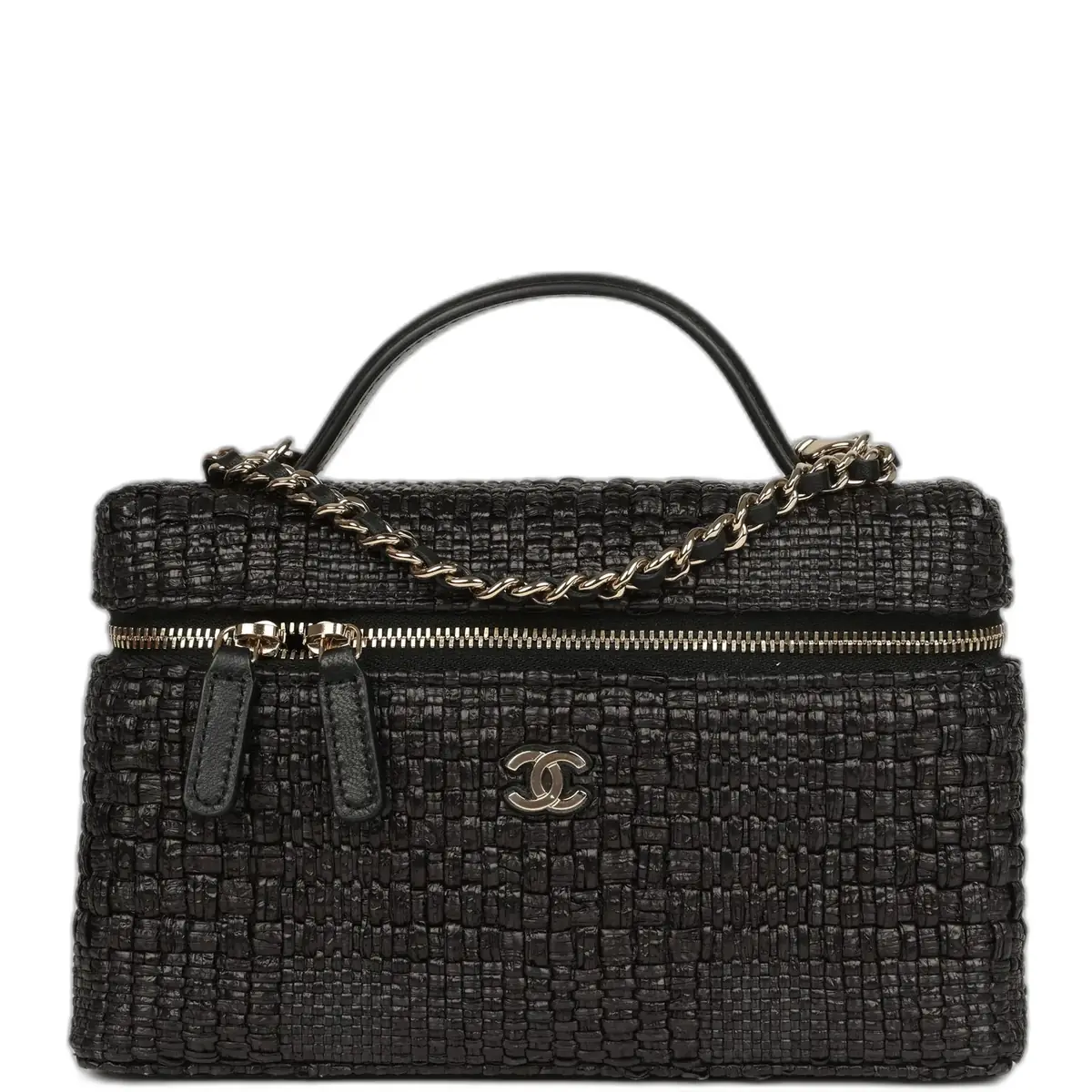 Chanel Chanel Top Handle Long Vanity Case with Chain Black Braided Raffia Light Gold Hardware