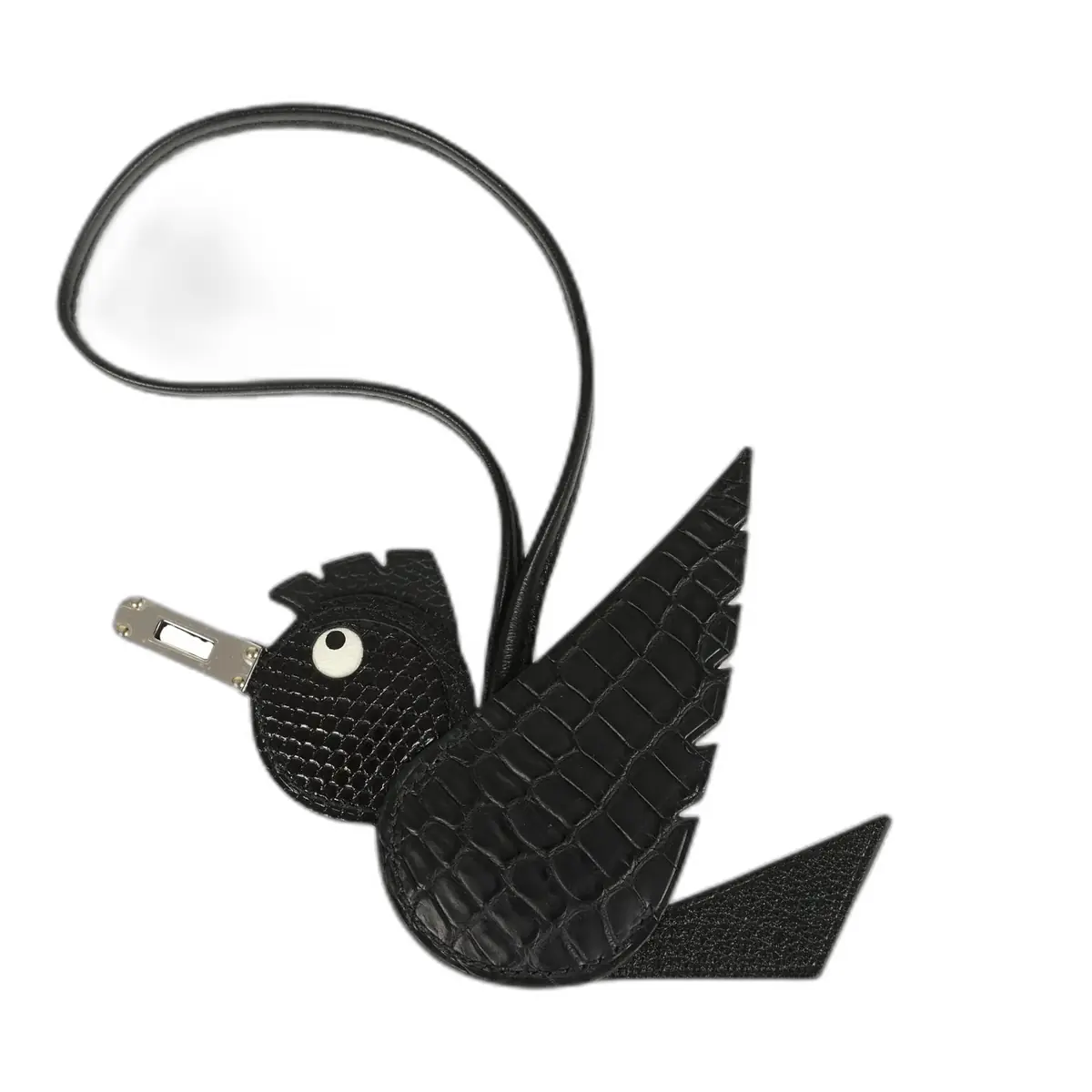 hermes Hermes Birdy Charm Black Matte Alligator & Lizard Niloticus Touch, Chevre Mysore, Epsom & Milo Lambskin Palladium Hardware