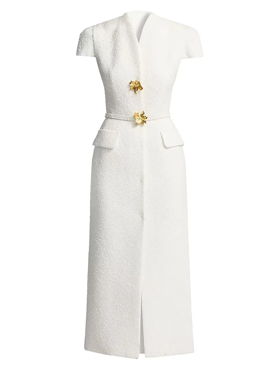 Oscar de la Renta Women's Slubby Tweed Belted Column Day Dress -