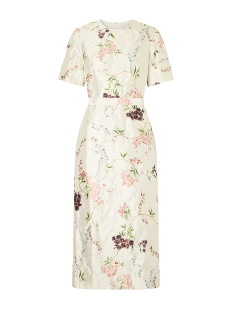 Erdem Belted Floral-print Crinkled Satin Midi Dress