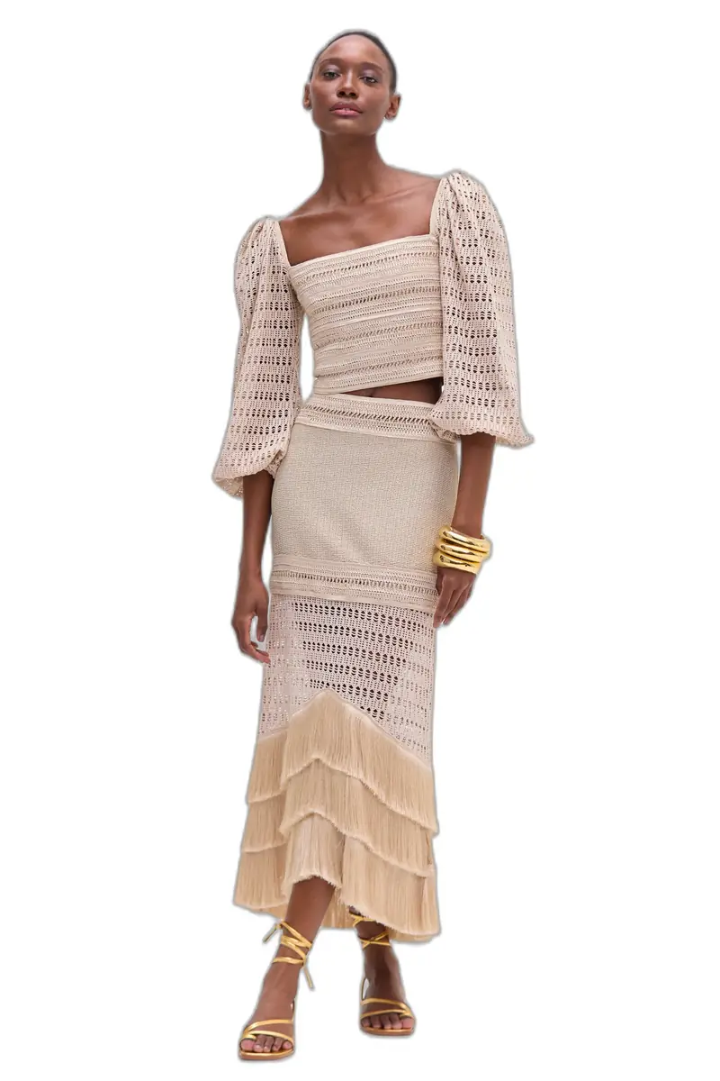 PatBo LUREX KNIT AND FRINGE LONG SKIRT