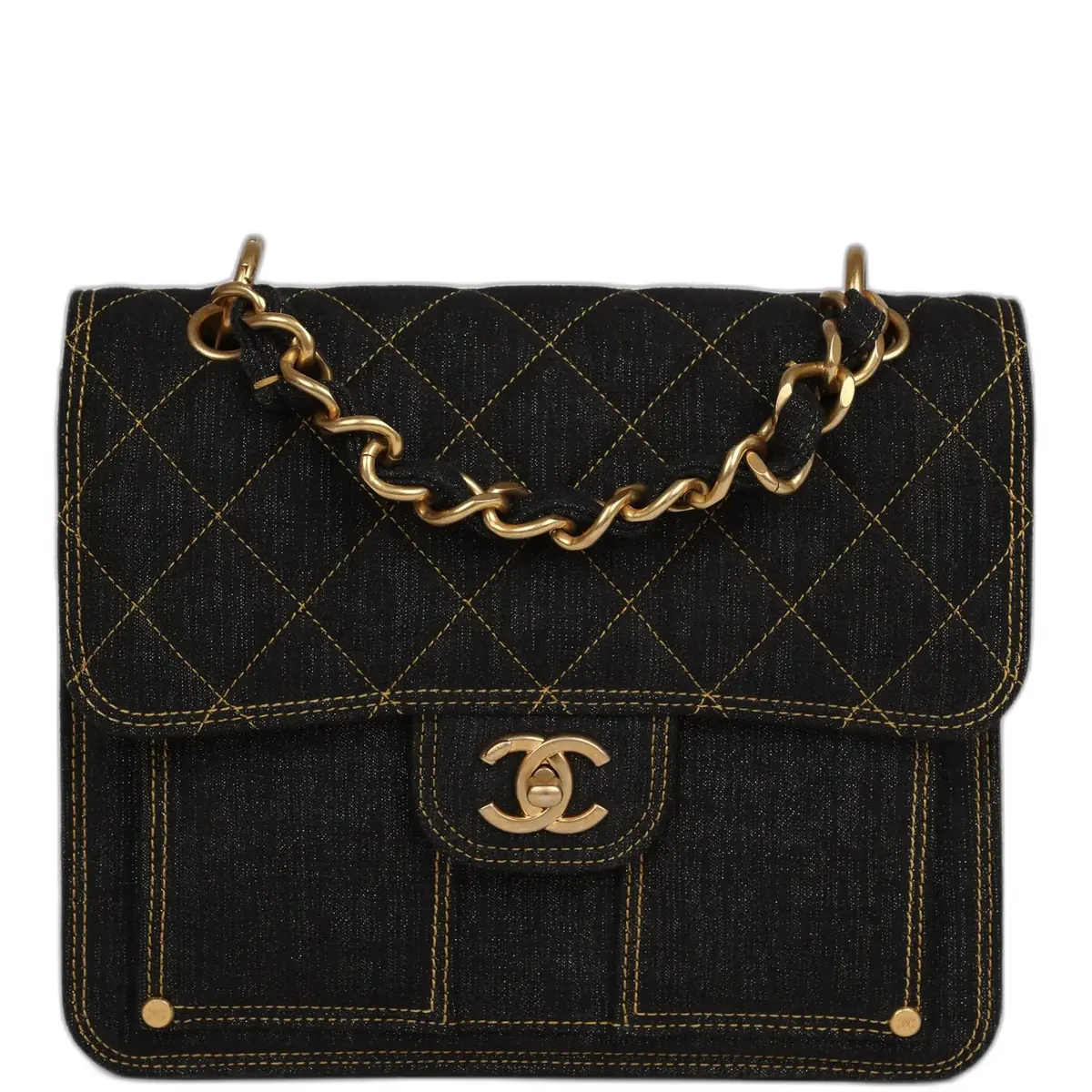 Chanel Chanel Double You Flap Backpack Black Denim Antique Gold Hardware