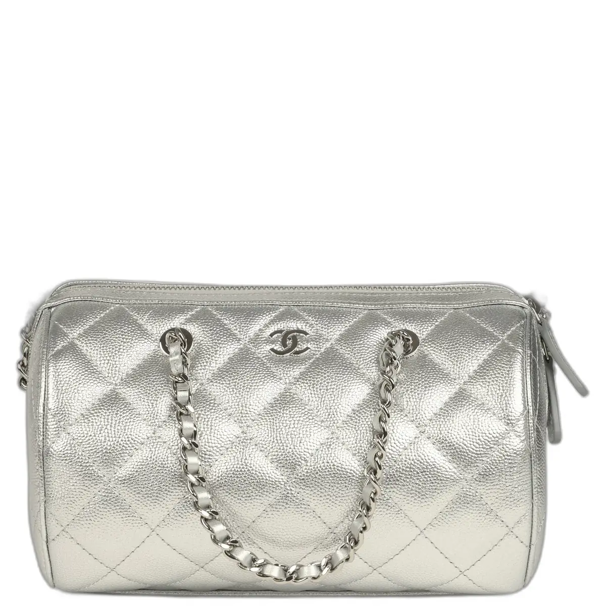 Chanel Chanel Mini Timeless Classic Barrel Bag with Chain Metallic Silver Shiny Caviar Silver Hardware