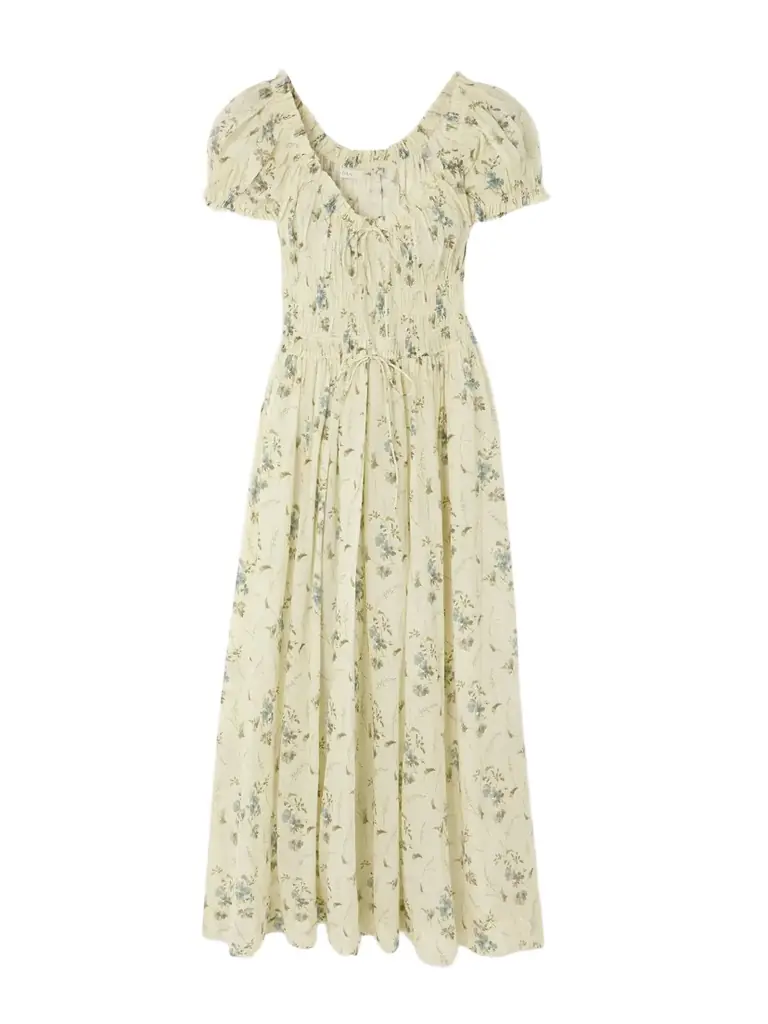 DÔEN Ashlynn Tie-detailed Shirred Floral-print Organic Cotton-voile Midi Dress
