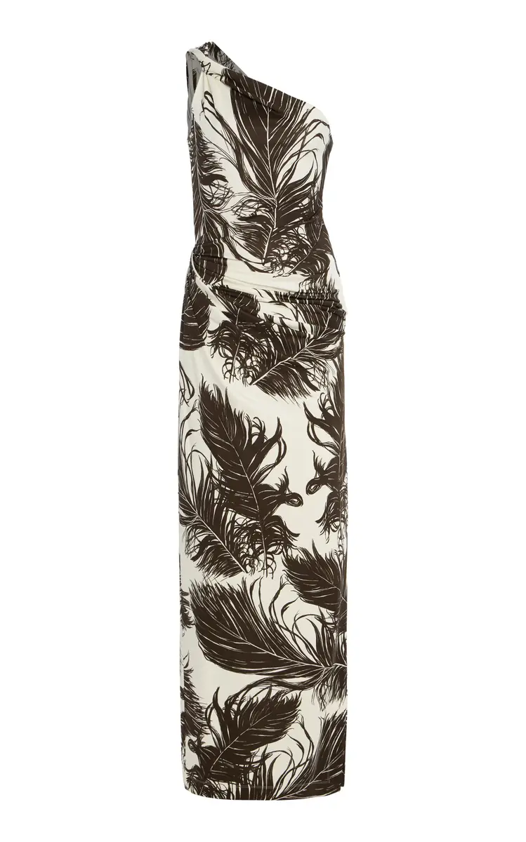 Oscar de la Renta Feather-Printed One-Shoulder Maxi Dress