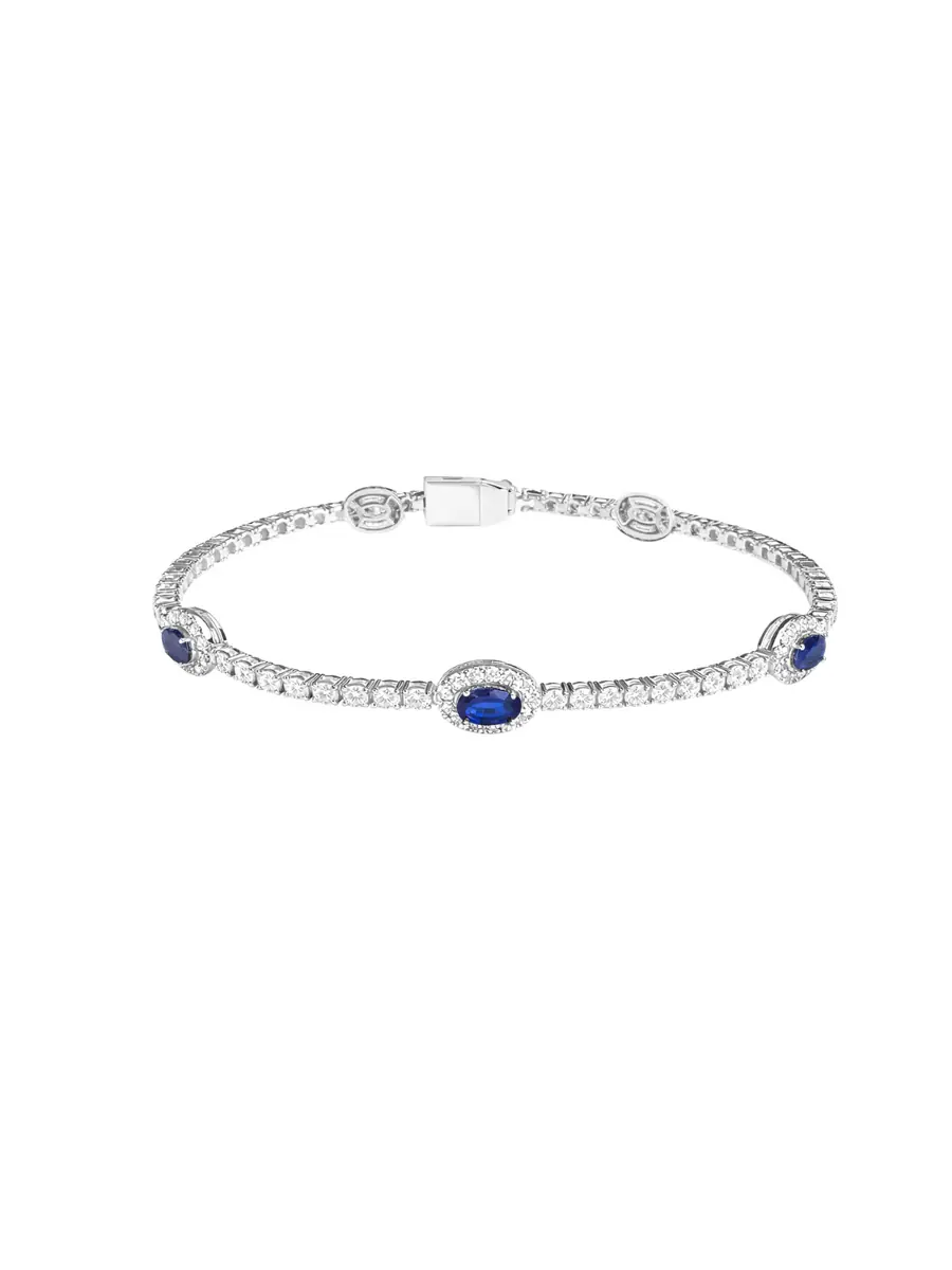Wish Fine Jewelry 4.80ct Diamond Blue Sapphire 18K Gold Stationed Tennis Bracelet